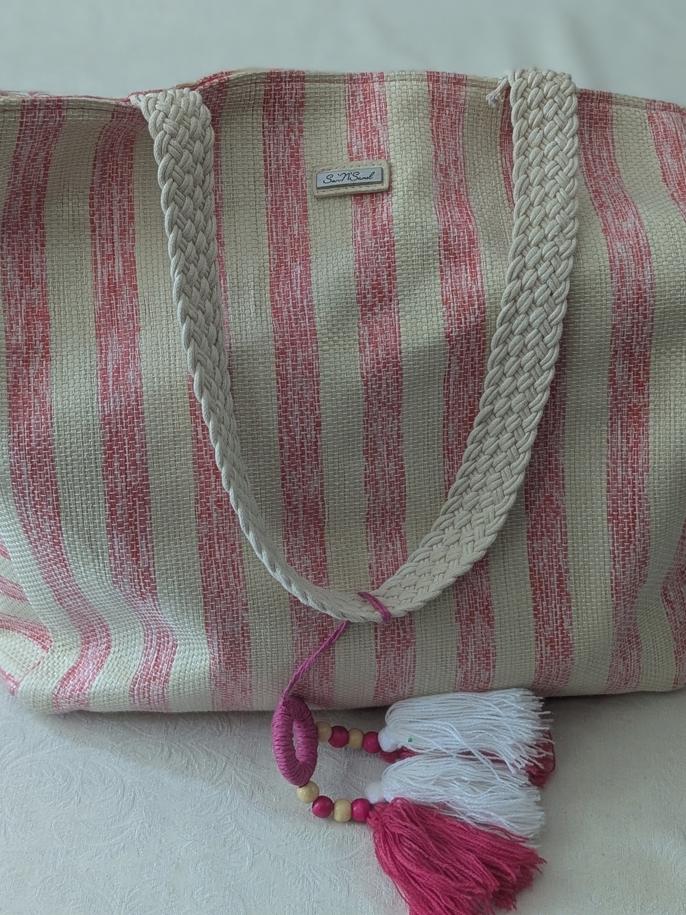 Sun 'N' Sand Pink Beige Striped Tote Bag Zip Top Tassel Charm Inner Pockets